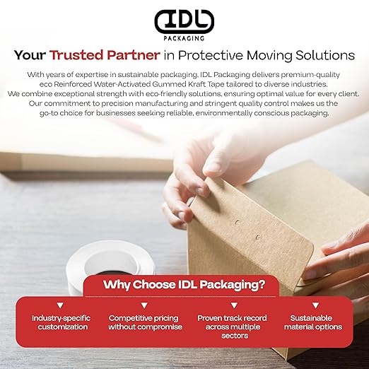IDL Packaging 3" x 375 feet Reinforced Water-Activated Kraft Gummed Tape 70lb Thickness (Pack of 6) - Secure Paper Packing Tape for Secure Carton Sealing - Heavy-Duty for All Conditions, Brown