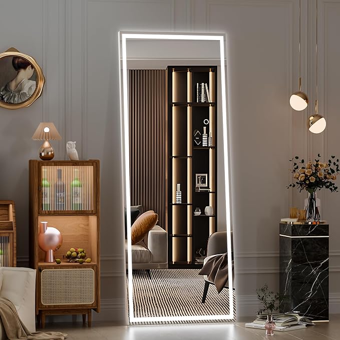 Hasipu Full Length LED Mirror with Lights, 56" x 18" Floor Standing or Wall Hanging Mounted, Full Body Dressing Mirror, Dimmable Tempered Glass, Square White