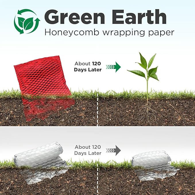 Honeycomb Packing Paper, 12"x300' Red | Perforated Honeycomb Packing Paper Recyclable Moving Supplies for Shipping & Moving | Plastic-Free Alternative to Bubble Cushion Wrap with 36 Fragile Stickers