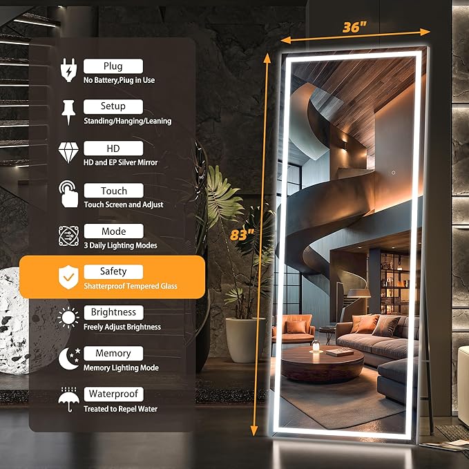 Hasipu Full Length LED Mirror with Lights, 83" x 36" Floor Standing or Hanging Mounted, Full Body Dressing Mirror, Dimmable Light, Tempered Glass, Square Black