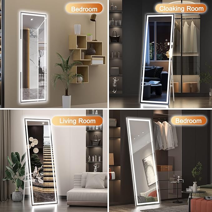 Hasipu Full Length Mirror with Lights, 56" x 15.8" LED Floor Mirror, Full Body Dressing Standing, Hanging Mounted Mirror for Living Room Bedroom Cloakroom, Square White
