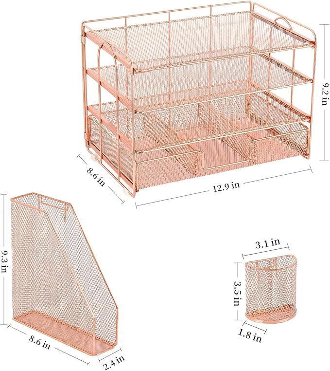 gianotter Desk Organizers and Accessories with File Holder, 4-Tier Desk Accessories & Workspace Organizers with Drawer and 2 Pen Holder, Paper Organizer for Office Supplies (Rose Gold)