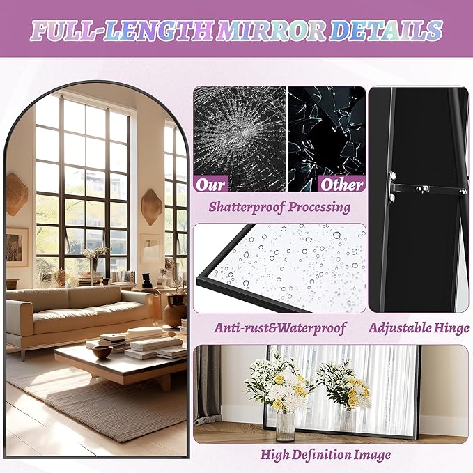 Full Length Mirror, 78"x38" Oversized Floor Mirror Freestanding, Full Body Floor Standing Mirror with Stand, Hanging Mounted for Bedroom Living Room, Black, Arched Style