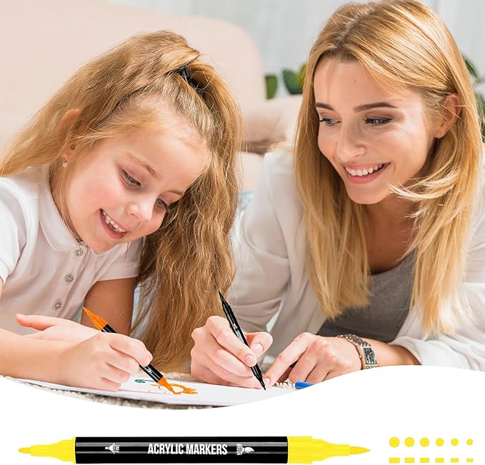 24 Colors Acrylic Paint Markers, Dual Tip with Fine Tip and Brush Tip Pens for Stone, Wood, Calligraphy, Canvas, Ceramic, Metal, Glass, Rock Painting, DIY Crafts