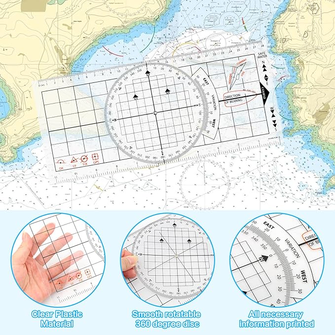 3 Pcs Basic Navigation Set,Including 15inch Parallel Ruler with Brass Arms, Nautical Protractor, and 6 Inch Marine Fixed Points Divider, Marine Accessories with Clear Scales for Boat