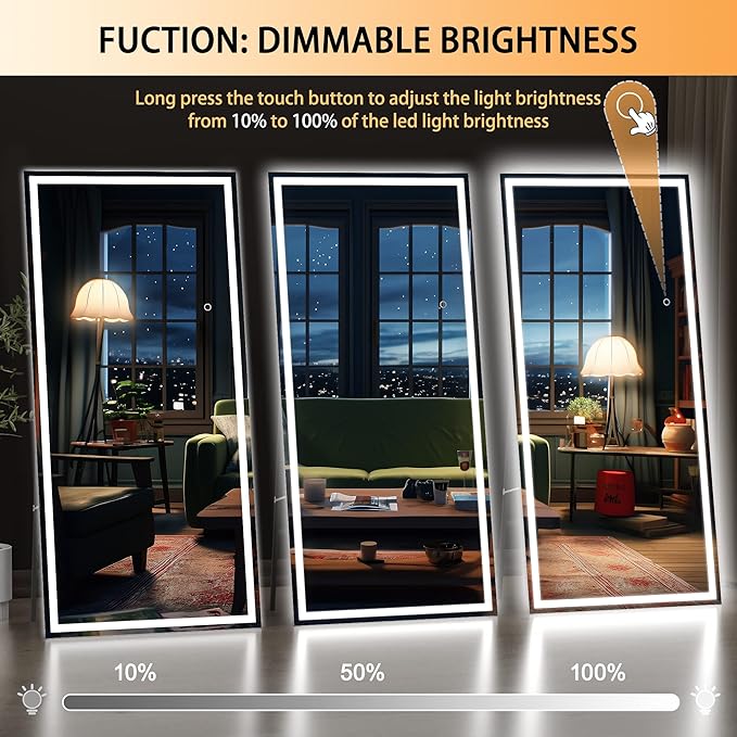 Hasipu Full Length Mirror with Lights, 81" x 34" LED Lighted Floor Standing Mirror, Full Body Dressing Hanging Mounted Mirrors, Dimmable, Tempered Glass, Safe to Use, Square Black