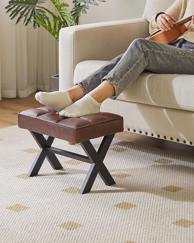IBUYKE Small 12" H Footrest Stool, Square PU Foot Stool with Metal X-Leg, Multi-Use as Small Side Table, Step Stool for Living Room, Bedroom, Entryway, Office, Dark Brown WBD012Z