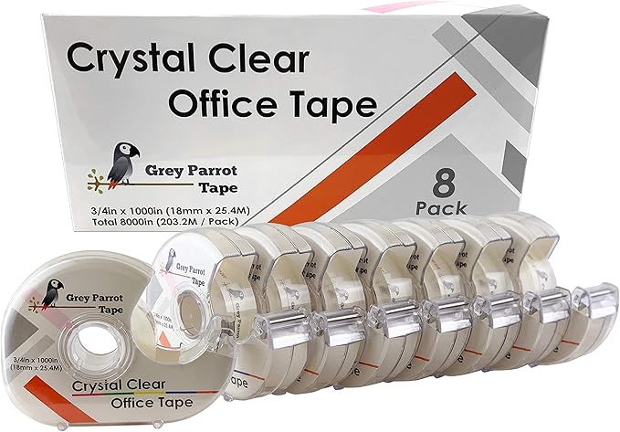Greyparrot Office Clear Office Refill Tape Rolls + Dispenser(8 Pack),(3/4” X 1000in/pack). for Craft Jobs, Gift Wrapping, Office Work Clear(Transparent) Glossy Finish, Refillable (8000 inch/total)
