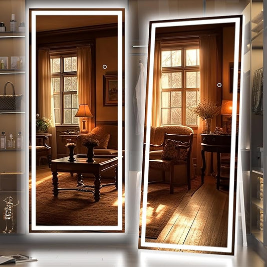 Hasipu Full Length Mirror with Lights, 71" x 24" LED Lighted Floor Standing, Full Body Dressing Hanging Mounted Mirror, Dimmable, Tempered Glass, Safe to Use, Square White