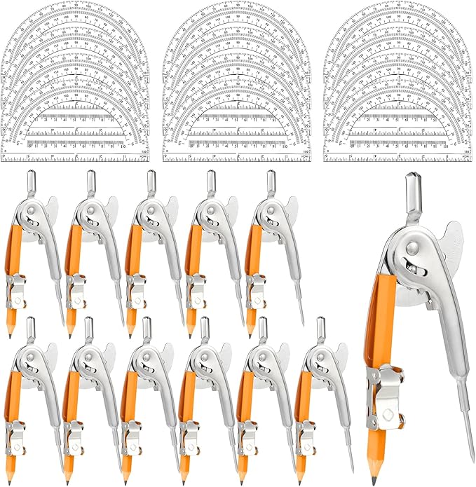 24 Pack Geometry Tool Set, Math Compass for Geometry and 6 Inch Protractor Set Include Metal Compass with Pencil and Clear Plastic Protractor for Student Classroom Office Woodworking Art Drawing