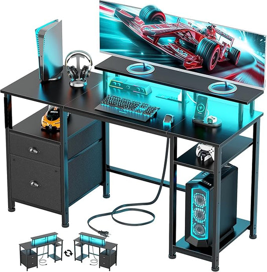 Furologee 51" Gaming Desk with Power Outlets & LED Lights, Reversible Computer Desk with File Cabinet & Monitor Stand for Home Office, Large Work Table with Storage Shelves & Drawer, Black