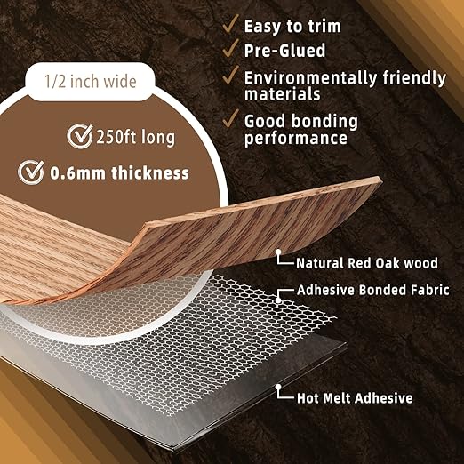 GSCIT Club Red Oak Edge Banding, 1/2 inch x 250ft roll of Veneer Plywood Edge Banding Preglued Flexible, Wood Tape Banding for Cabinet Repair