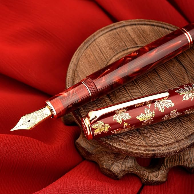 Hongdian N8 Red Acrylic Resin Fountain Pen, Iridium Medium Nib Rose Gold Trim Maple Leaf Carving Cap, Smooth Writing Pen with Converter and Metal Pen Box Set
