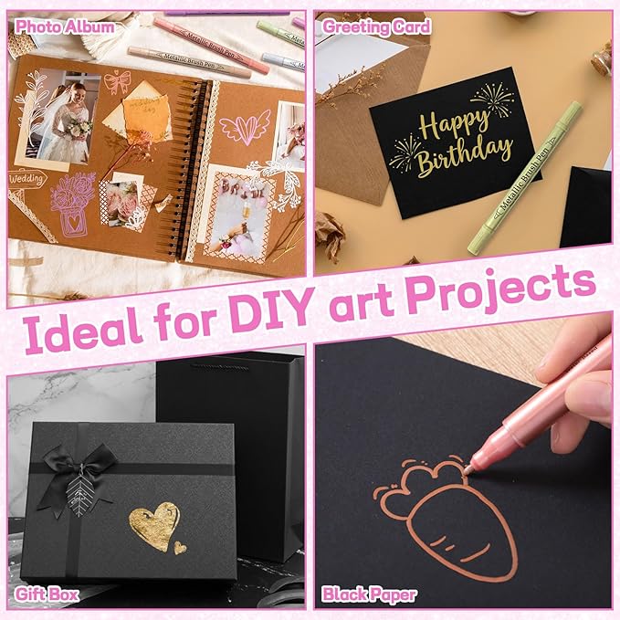 24 Pack Metallic Markers, Dual Tip Glitter Pens for Black Paper & Rock Painting Metallic Acrylic Paint Markers for DIY Crafts, Scrapbooking, Glass, Wood, Cards Alcohol Based Quick Dry Ink