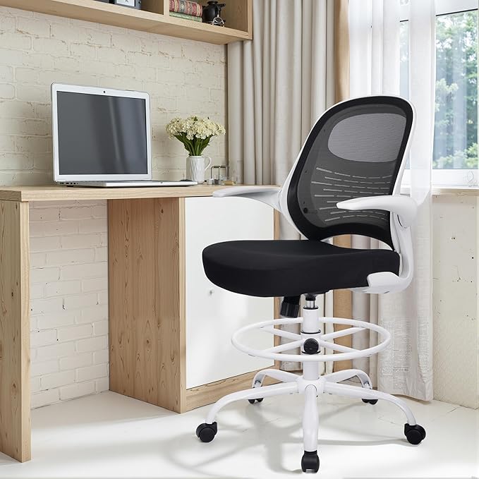 HYLONE Tall Drafting Chair Standing Desk Chair with Flip-Up Armrests, Adjustable Height Ergonomic Office Chair with Footrest Ring - High Stool Chair for Standing Desk (Black Mesh&White Base)