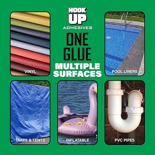 HOOK UP 8 OZ Adhesives, Premium Waterproof Vinyl Cement Glue for Pool Repairs & Inflatable Items Fast-Drying, Strong Bonding Adhesive Ideal for Vinyl, PVC, Upholstery, Tarps, Hot Tubs, Air Mattresses