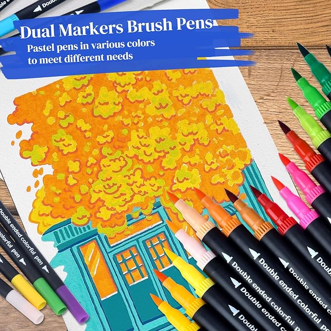 24 Colored Dual Tip Markers Fine & Brush Pens - No Bleeding, Coloring Markers for Adult, Sketching, Drawing, Journaling Art Marker Set