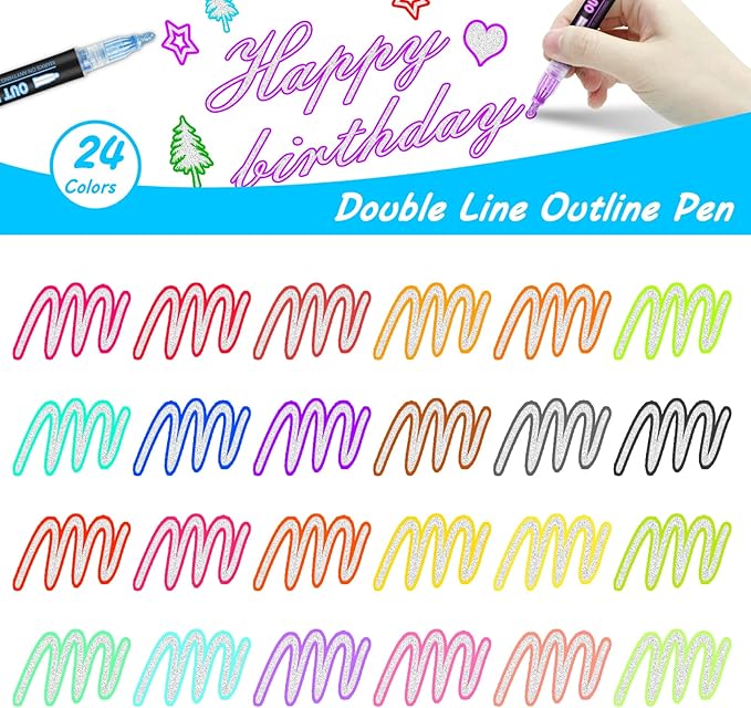 24-Color Metallic Outline Markers for Kids - Double Line Glitter Pens for Drawing, Cards & Crafts