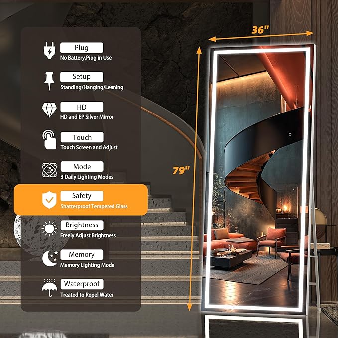 Hasipu Full Length Mirror with Lights, 79" x 36" LED Lighted Floor Standing Mirror, Full Body Dressing Hanging Mounted Mirrors, Dimmable, Tempered Glass, Safe to Use, Square White