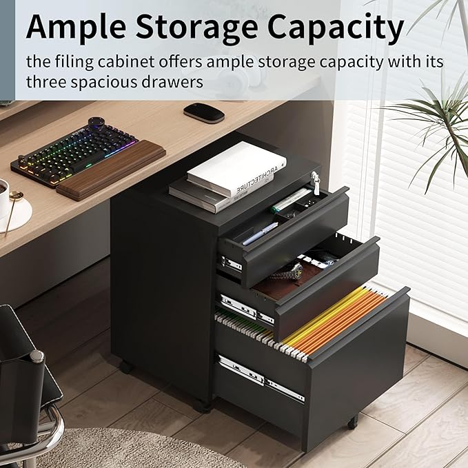 3 Drawer File Cabinet for Home Office, Under Desk Mobile Filing Cabinet with Lock for A4-Size/Letter-Size/Legal-Size, Black (HSEJ-3D)