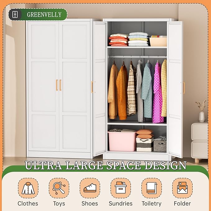 Greenvelly Metal Storage Wardrobe Cabinet, 72" White Metal Wardrobe Closet for Hanging Clothes with Doors and Shelves, Modern Steel Clothes Closet for Home, Office and Bedroom, School,Gym