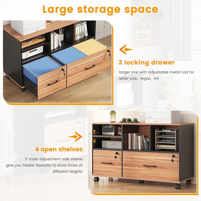 2 Drawer Wood Mobile Large Lateral File Cabinet with Lock, Lockable Rolling Filing Cabinet with Storage Shelves, Printer Stand Office Storage Cabinet for Home Office Fits Files Legal/A4
