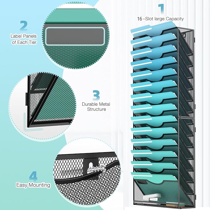 15-Tier Wall File Organizer Hanging Wall File Holder Wall Mount Paper Folder Organize, Mesh Magazine Document Mail Organizer Wall Organizer for Office School Home, Black