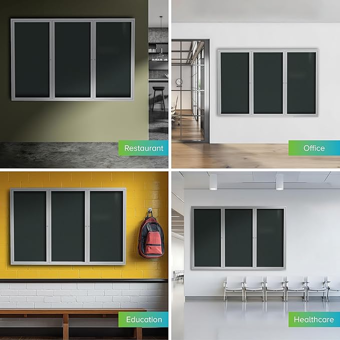 Ghent 36"x72" 3-Door Outdoor Enclosed Vinyl Bulletin Board, Shatter Resistant, with Lock, Satin Aluminum Frame - Ebony (PA33672VX-183), Made in the USA