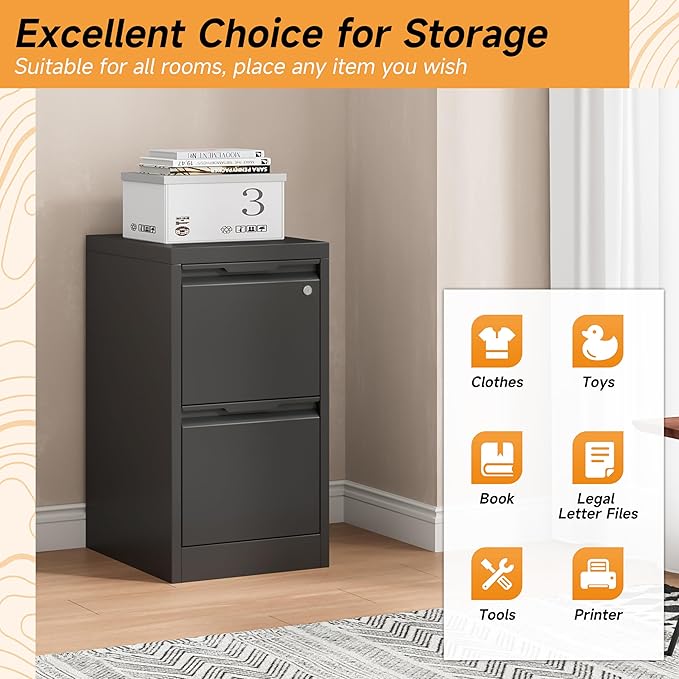 2 Drawer File Cabinet, 17.8" Deep Filing Cabinet for Home Office, Metal Vertical File Cabinet with Lock for Letter/Legal/A4/F4 Size, Easy Assemble (Black)
