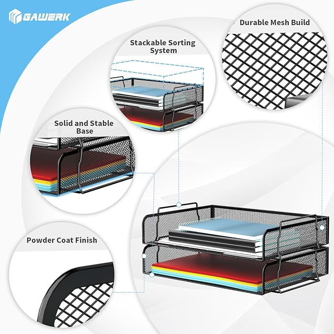 4 Tier Stackable Letter Tray, Metal Mesh File Storage Desktop Organizer for Home Office, Black