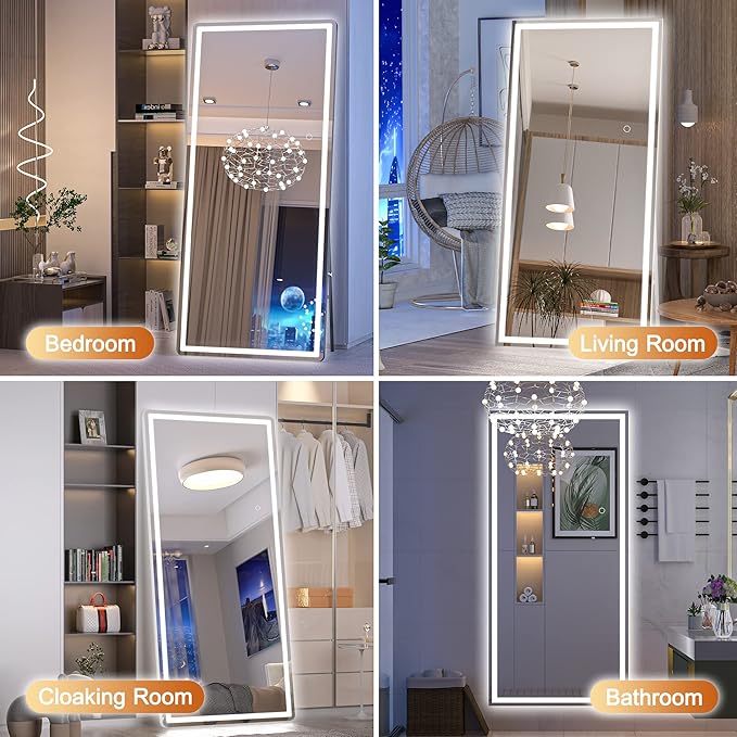 Hasipu Full Length Mirror with Lights, 83" x 36" LED Lighted Floor Standing Mirror, Full Body Dressing Hanging Mounted Mirrors, Dimmable, Tempered Glass, Safe to Use, Square White