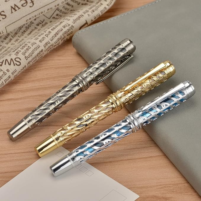 Hongdian A6 Piston Fountain Pen Extra Fine Soft Nib, Jet Black Hollow Skeleton & Resin Pen with Metal Case Set