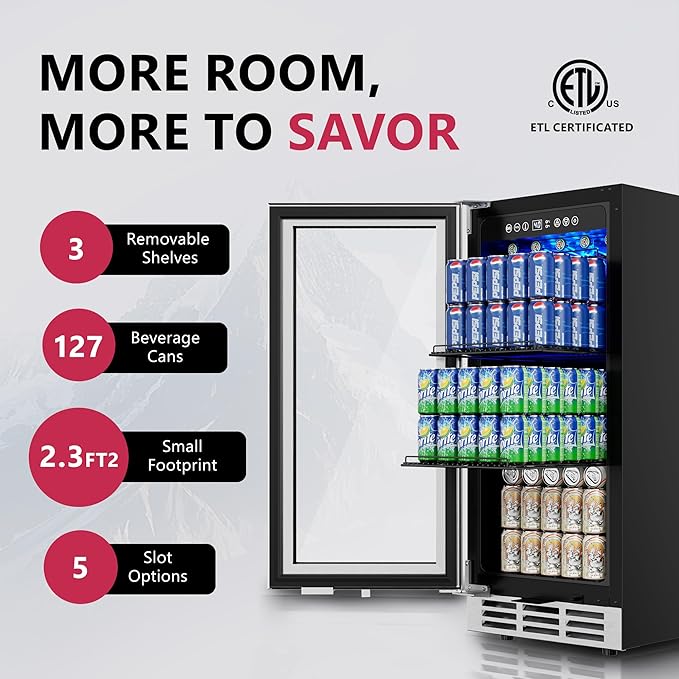 15'' Beverage Refrigerator Cooler - 126 Cans Under Counter Beverage Fridge with LED Light, Built-in Design, Wine Cooler for Home/Kitchen