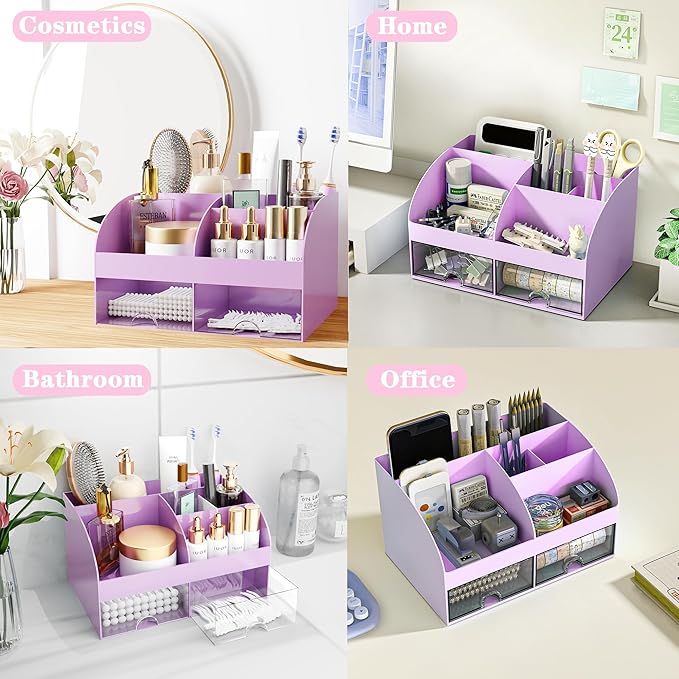 Desk Accessories with Pen Holder, Office Supplies Desk Organizers and Accessories, Tape Dispenser, Stapler, Staple Remover, Staples, Clips Set, Ruler, Scissor, Pen, Tape (Purple)