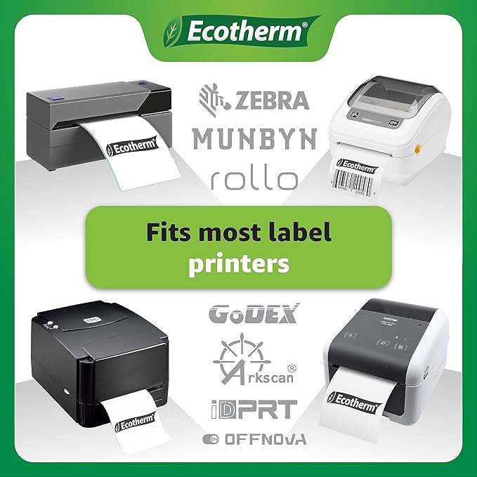 2.25" x 3" Thermal Labels | 4 Rolls | 2100 Labels | fits Zebra, Munbyn, Rollo, Godex, Arkscan, iDPRT, Offnova Thermal Label Printers and More | Blank White Adhesive Stickers by Ecotherm