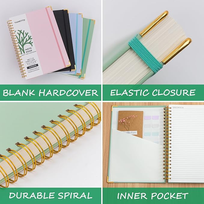 Hardcover Spiral Notebook, B5 Notebooks College Ruled, 110 GSM Thick Lined Paper Notebooks for Work, School and Travel, 300 Pages Journals for Writing, Large Journal for Women and Men Green B5