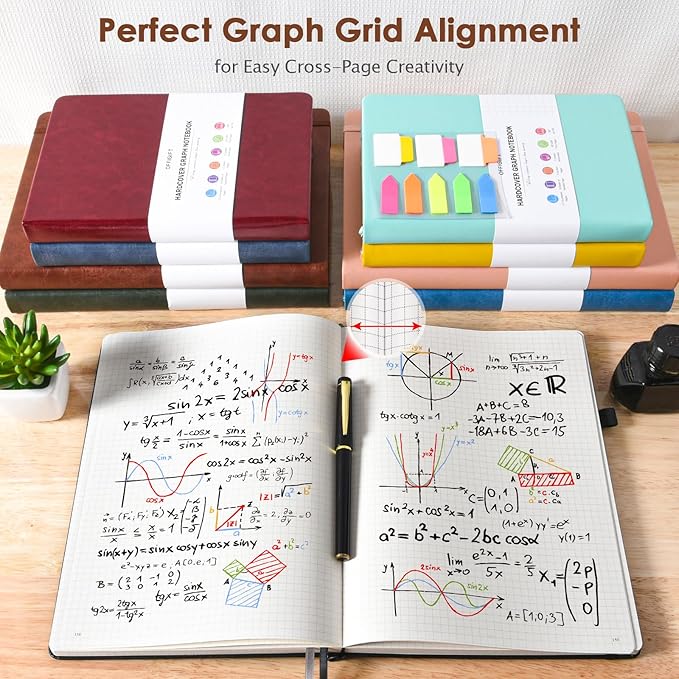 Graph Paper Notebook, 312 Numbered Pages Large B5 Hardcover Leather Journal, 100gsm No Bleed Grid Paper Notebook with Index Pages, Grid Notebook for Graphing Notes Math, 7.6'' X 10'', Brown