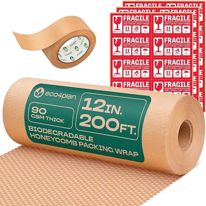 Honeycomb Packing Paper | Extra Thick 90 GSM Packing Wrap | Biodegradable Packing Materials: 12” x 200’ Moving Paper + 195’ Cellulose Adhesive Tape + 30 Fragile Stickers | Paper Bubble Wrap