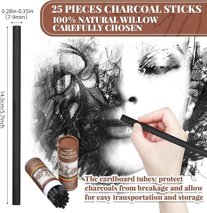 Gueevin 25 Pcs Willow Charcoal Sticks, Willow Charcoal, Artists, Beginners, Students, Perfect for Sketching, Drawing, Shading, and Fine Art (7-9mm)