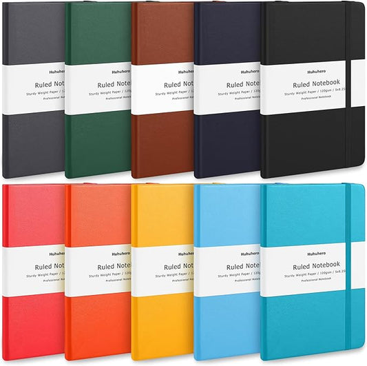 Huhuhero 10 Colors Lined Journal Notebook, A5 Hardcover Notebooks for Work, 120GSM Thick Paper, 128 Pages College Ruled Notebook for Writing Business Journaling, 5"×8.25"