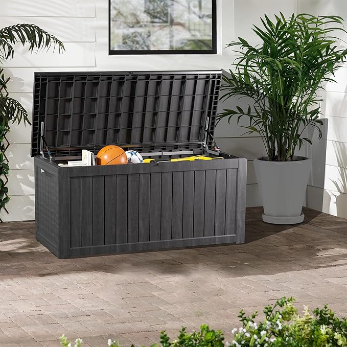 200 Gallon Lockable Resin Deck Box, Waterproof & UV-Resistant Outdoor Storage Box for Outdoor Cushion Storage, Garden Tools & Pool Accessories Storage, Black
