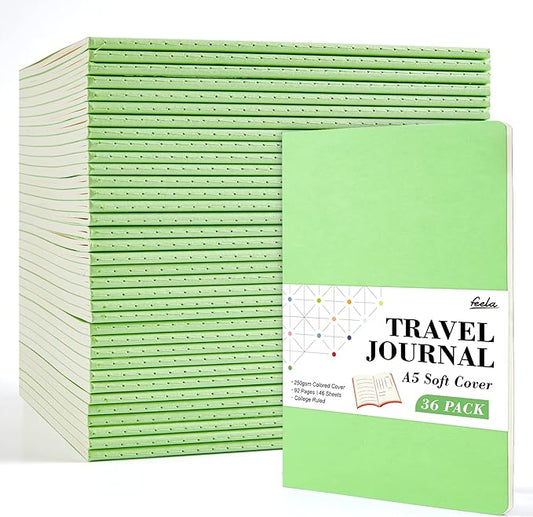 36 Pack Soft Cover Journal Bulk, Feela Lined Blank Travel Journal for Women Men Writing, Notebooks College Ruled for Work, Note Taking Notebook School Business Supplies, 8.2” x 5.5”, A5, Light Green
