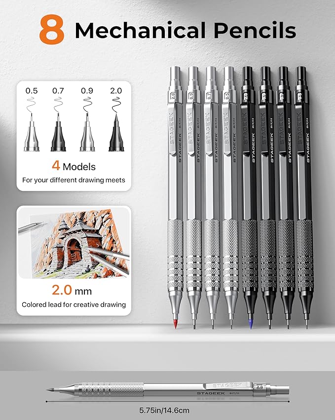 45PCS Black & Silver Metal Mechanical Pencil Set in Leather Case, 0.5, 0.7, 0.9, 2.0mm Drafting Pencils with 28 Tubes(6B 4B 2B HB 2H 4H & Colors)Lead Refills for Art Drawing, Sketching,Writing