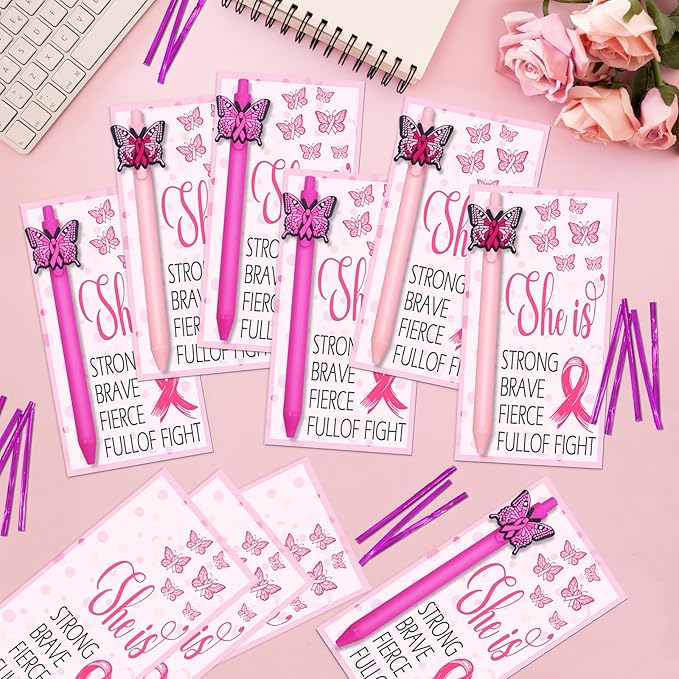 24Set Breast Cancer Awareness Pens with Encouragement Cards Cancer Ballpoint Pen with Inspirational Words Retractable Ink Point Pens for Women Nurses Day Public Event
