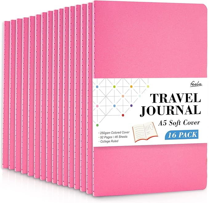 16 Pack Soft Cover Journal Bulk, Feela Lined Notebooks College Ruled for Work for Women Girl Writing, Blank Travel Journal Note Taking Notebook School Business Supplies, 8.2” x 5.5”, A5, Berry