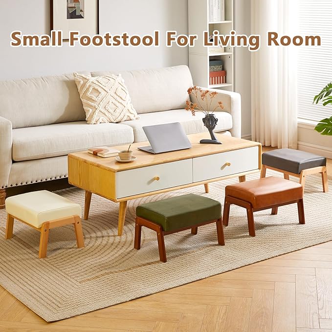 IBUYKE 10.2” H Small Foot Stool Ottoman, Rectangle PU Faux Leather Foot Rest with Padded Seat and Wood Legs, Modern Accent Ottoman Foot Rest for Living Room Bedroom Couch Office, Dark Green WBD013GR