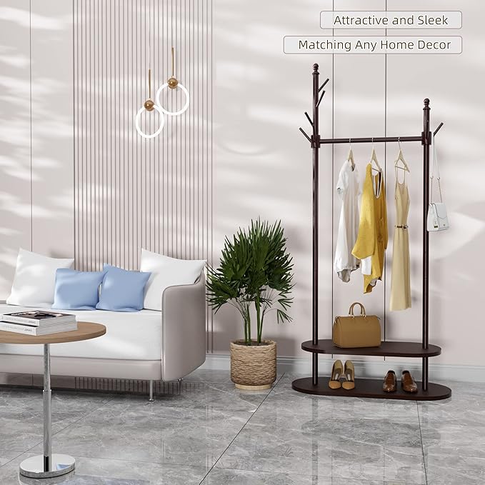 2-Tier Coat Rack Freestanding, Easy Assemble 8 Hooks Wooden Coat Rack with Shoe Storage Sturdy Coat Tree Save Space, Rustic Coat Stand for Entryway, Bedroom, Office (Dark Brown)