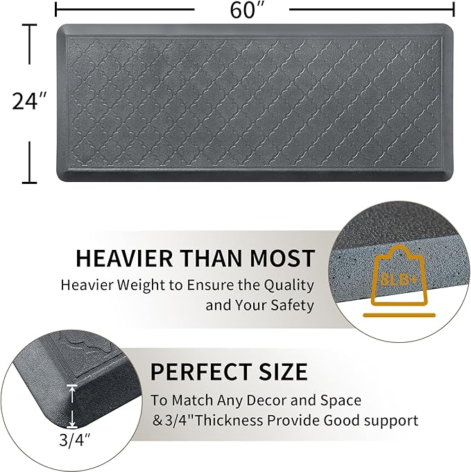 24 x 60 Inch Extra Support Anti Fatigue Comfort Kitchen Mat, Waterproof Long Kitchen Runner, Non-Slip Standing Desk Mat, Commercial Pads for Offices, Home, Garages (Barcelona Grey, 24'' x 60'')