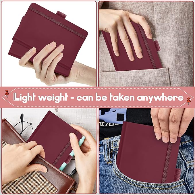 40 Pieces Small Notebooks A6 Pocket Journals 3.5 x 5.5 Inch Small Leather Notebook Mini Ruled Lined Journal with Elastic Band Pen Holder Page Marker Ribbons (Wine Red)