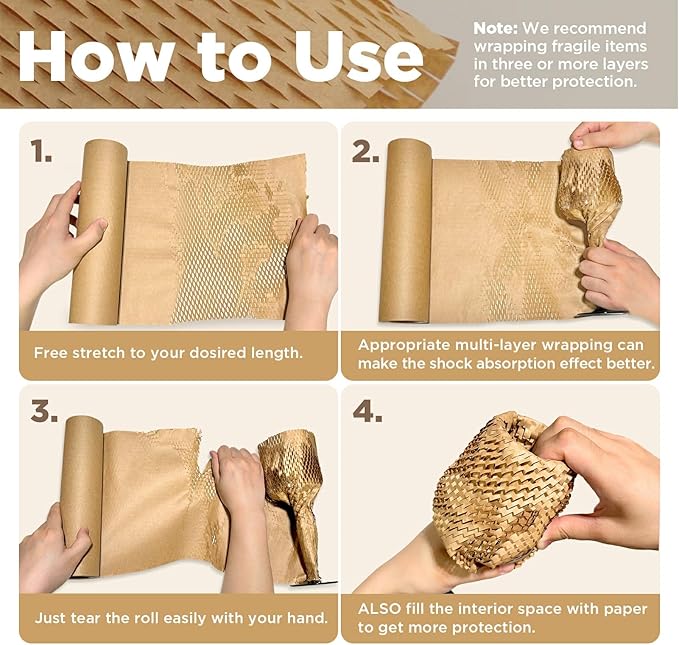 Honeycomb Packing Paper, 12"x50' Brown | Perforated Honeycomb Packing Paper Recyclable Moving Supplies for Shipping & Moving | Plastic-Free Alternative to Bubble Cushion Wrap with 36 Fragile Stickers